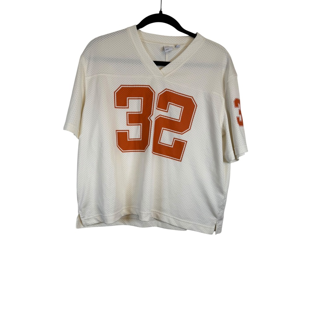 Aritzia TNA Mesh Football Jersey White Orange Number 32 V-Neck Shirt XS